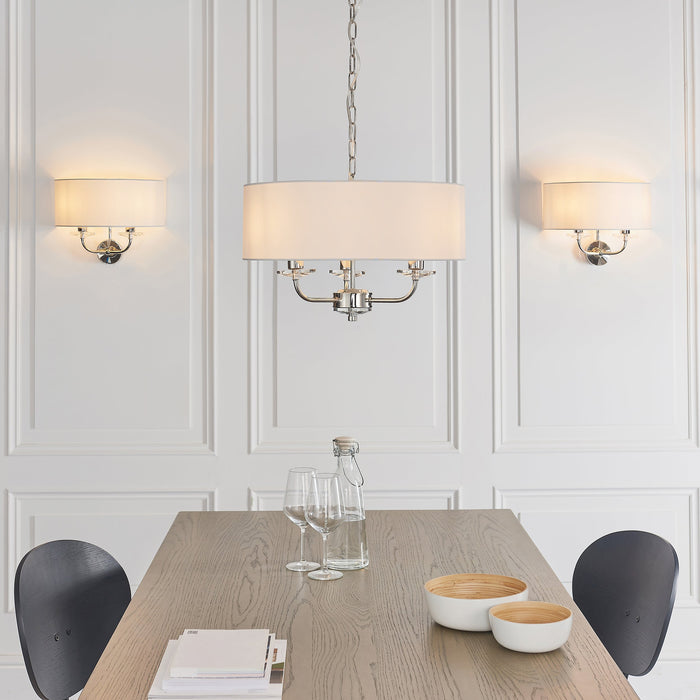 Endon 60129 Nixon 3lt Pendant Bright nickel plate & vintage white fabric 3 x 40W E14 candle (Required) - westbasedirect.com