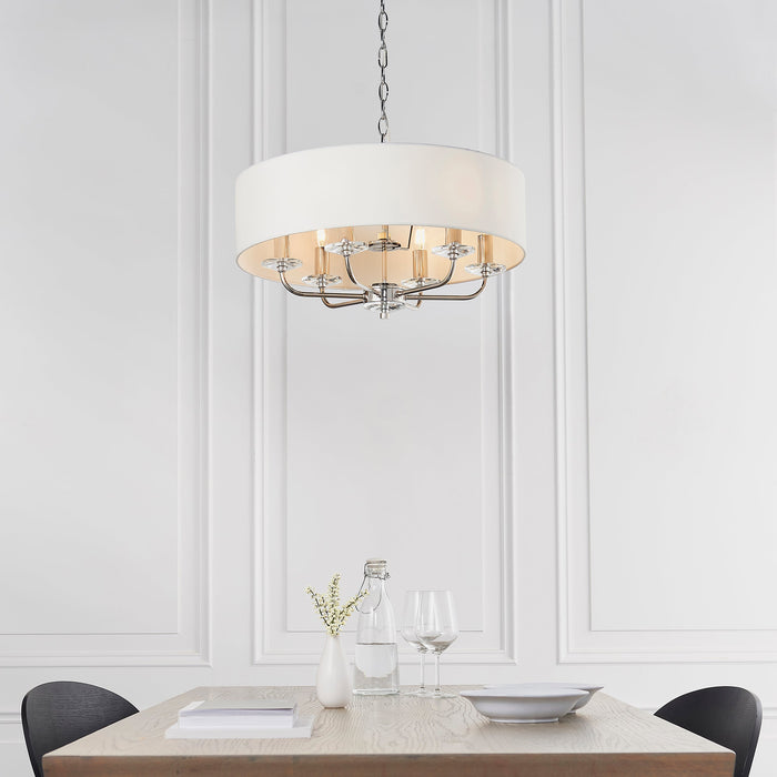 Endon 60179 Nixon 6lt Pendant Bright nickel plate & vintage white fabric 6 x 40W E14 candle (Required) - westbasedirect.com