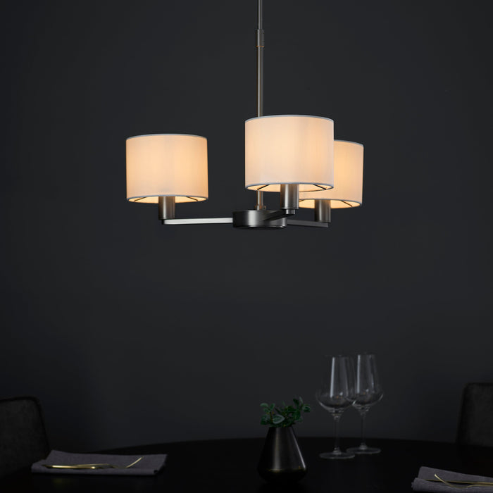 Endon 60256 Daley 3lt Pendant Matt nickel plate & vintage white fabric 3 x 40W E14 candle (Required) - westbasedirect.com