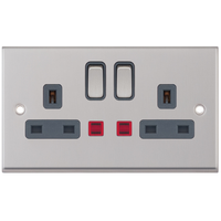 Selectric 7MPRO-724 7M-PRO 2 Gang 13A Switched DP Socket Outlet with Neon - Satin Chrome, Grey Insert