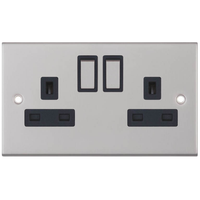 Selectric DSL222 5M 2 Gang 13A Switched DP Socket Outlet with 2 Earth Terminals - Satin Chrome, Black Insert