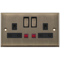 Selectric 7MPRO-624 7M-PRO 2 Gang 13A Switched DP Socket Outlet with Neon - Antique Brass, Black Insert
