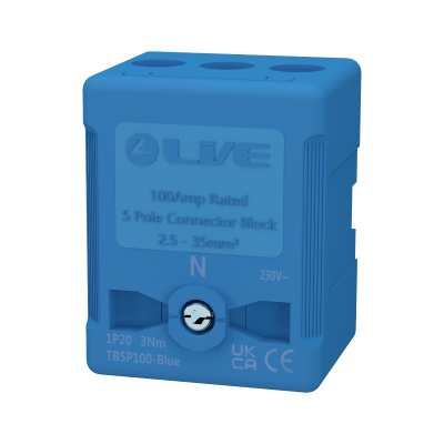 LIVE Electrical TB5P100-BLUE 5 Way 100A Rated Terminal Block Blue, Terminal Capacity up to 35mm2