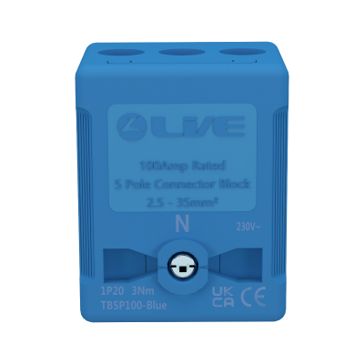 LIVE Electrical TB5P100-BLUE 5 Way 100A Rated Terminal Block Blue, Terminal Capacity up to 35mm2