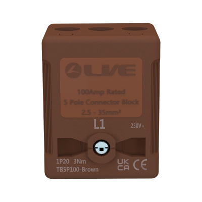 LIVE Electrical TB5P100-BROWN 5 Way 100A Rated Terminal Block Brown, Terminal Capacity up to 35mm2