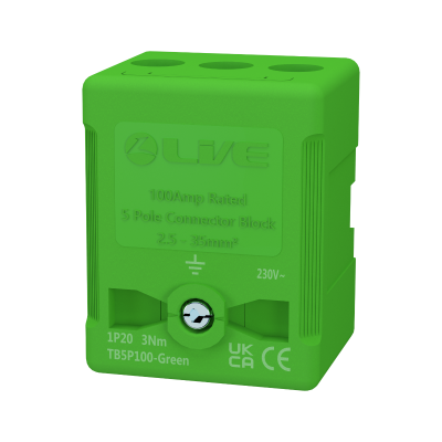 LIVE Electrical TB5P100-GREEN 5 Way 100A Rated Terminal Block Green, Terminal Capacity up to 35mm2