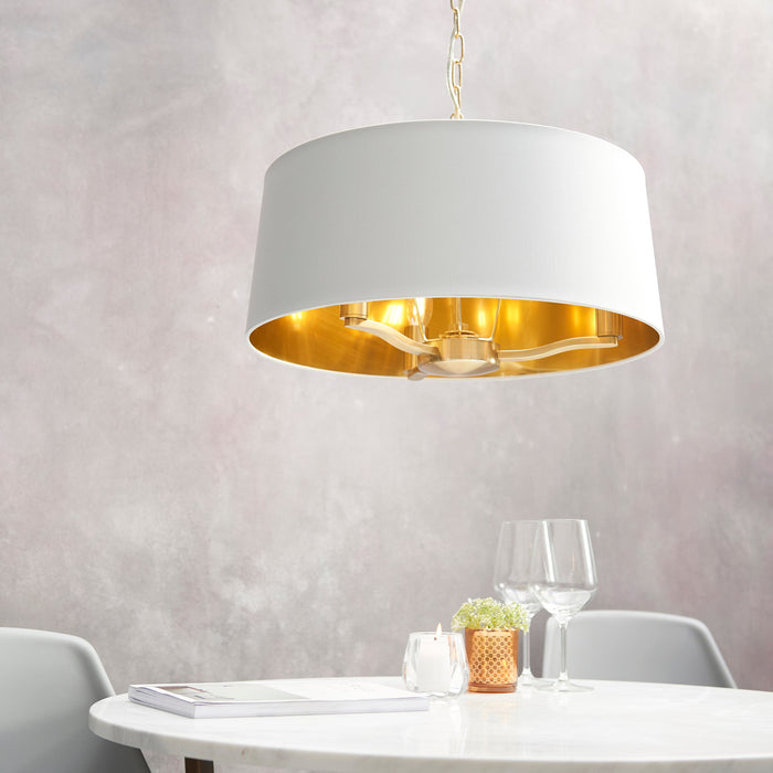 Endon 67667 Harvey 3lt Pendant Brushed satin gold finish & vintage white fabric 3 x 40W E14 candle (Required) - westbasedirect.com