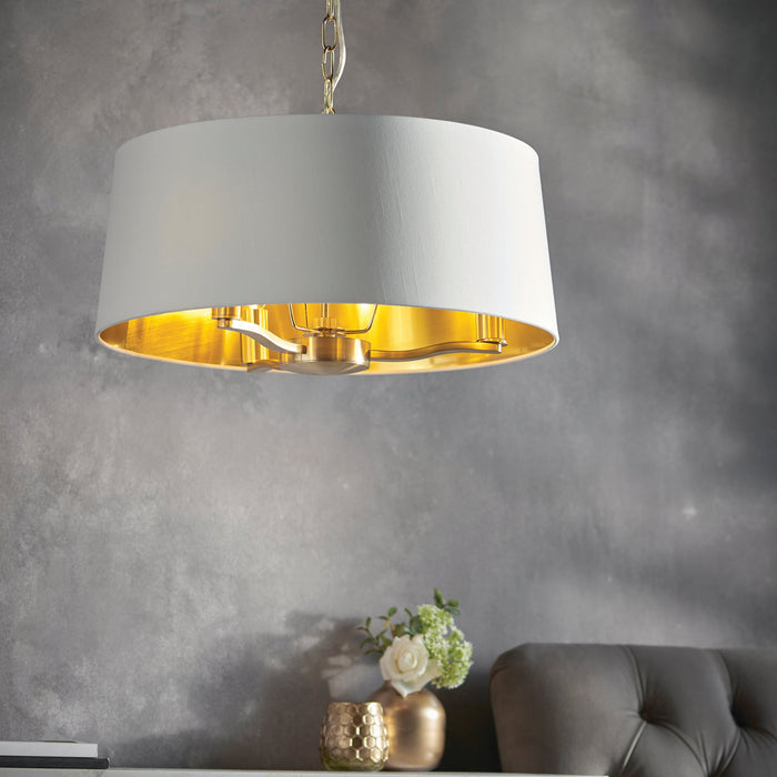 Endon 67667 Harvey 3lt Pendant Brushed satin gold finish & vintage white fabric 3 x 40W E14 candle (Required) - westbasedirect.com