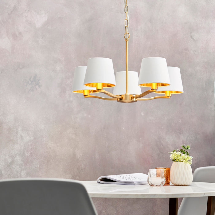 Endon 67734 Harvey 5lt Pendant Brushed satin gold finish & vintage white fabric 5 x 40W E14 candle (Required) - westbasedirect.com