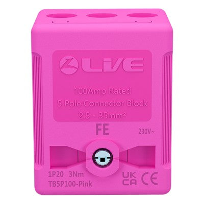LIVE Electrical TB5P100-PINK 5 Way 100A Rated Terminal Block Pink, Terminal Capacity up to 35mm2