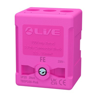 LIVE Electrical TB5P100-PINK 5 Way 100A Rated Terminal Block Pink, Terminal Capacity up to 35mm2