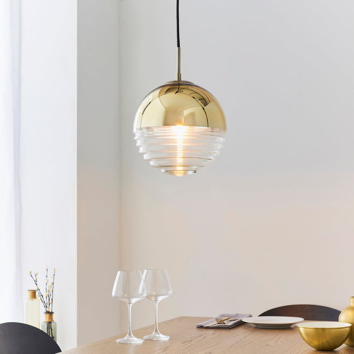 Endon 68958 Paloma 1lt Pendant Gold effect plate & clear ribbed glass 7W LED E14 (Required) - westbasedirect.com