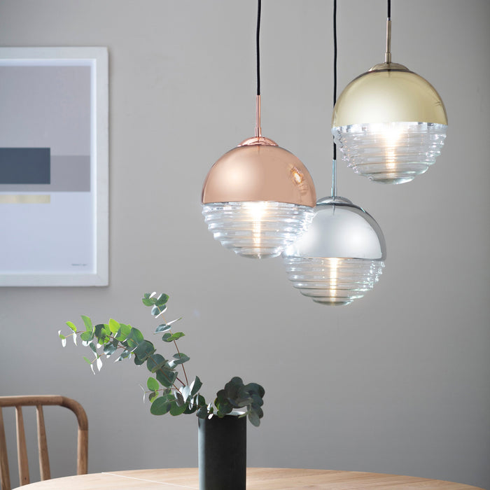 Endon 68958 Paloma 1lt Pendant Gold effect plate & clear ribbed glass 7W LED E14 (Required) - westbasedirect.com