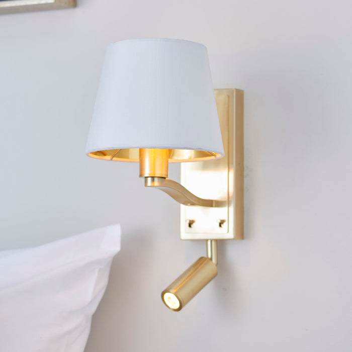 Endon 69092 Harvey 2lt Wall Brushed satin gold finish & vintage white fabric 40W E14 golf & 4W LED (SMD 3535) Warm White (Required) - westbasedirect.com