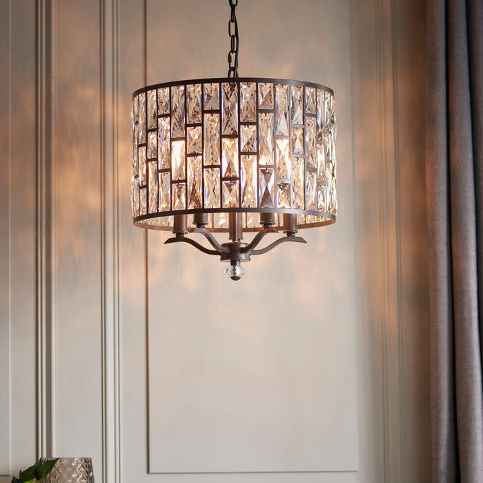 Endon 69390 Belle 5lt Pendant Dark bronze paint & clear crystal 5 x 40W E14 candle (Required) - westbasedirect.com