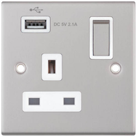 Selectric DSL160 5M 1 Gang 13A Switched Socket Outlet with 1x USB Type-A (2.1A) - Satin Chrome, White Insert