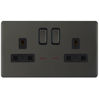 Selectric 5MPLUS-12-24 5M-PLUS Screwless 2 Gang 13A Switched DP Socket Outlet with Neon - Dark Bronze, Black Insert