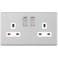 Selectric 5MPLUS-722 5M-PLUS Screwless 2 Gang 13A Switched DP Socket Outlet with 2 Earth Terminals - Satin Chrome, White Insert