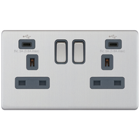 Selectric 5MPLUS-168 5M-PLUS Screwless 2 Gang 13A Switched Socket Outlet with 2x USB Type-C (3A) - Satin Chrome, Grey Insert