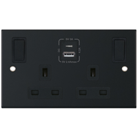 Selectric DSL11-86 5M 2 Gang 13A Switched SP Socket Outlet (Outboard Rockers) + 2 Earth Terminal with 1x USB Type-A (2.4A) & 1x USB Type-C (3A) - Matt Black, Black Insert