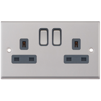Selectric 7MPRO-722 7M-PRO 2 Gang 13A Switched DP Socket Outlet with 2 Earth Terminals - Satin Chrome, Grey Insert