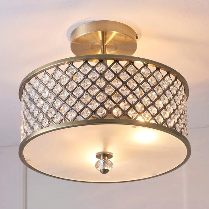 Endon 70558 Hudson 3lt Flush Antique brass plate & clear crystal 3 x 60W E27 GLS (Required) - westbasedirect.com