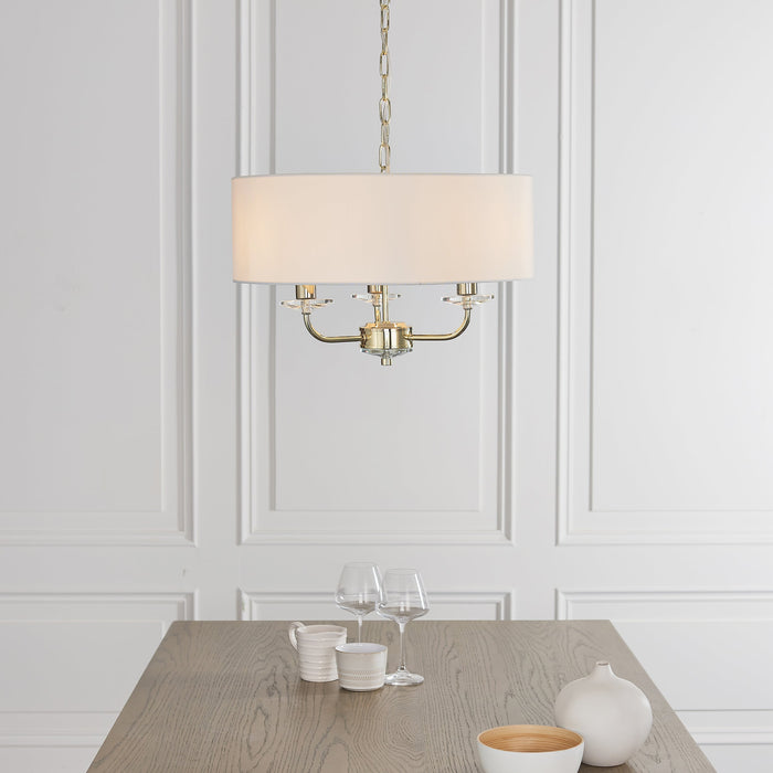 Endon 70560 Nixon 3lt Pendant Brass plate & vintage white fabric 3 x 40W E14 candle (Required) - westbasedirect.com