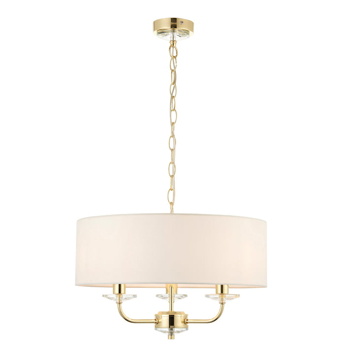 Endon 70560 Nixon 3lt Pendant Brass plate & vintage white fabric 3 x 40W E14 candle (Required) - westbasedirect.com