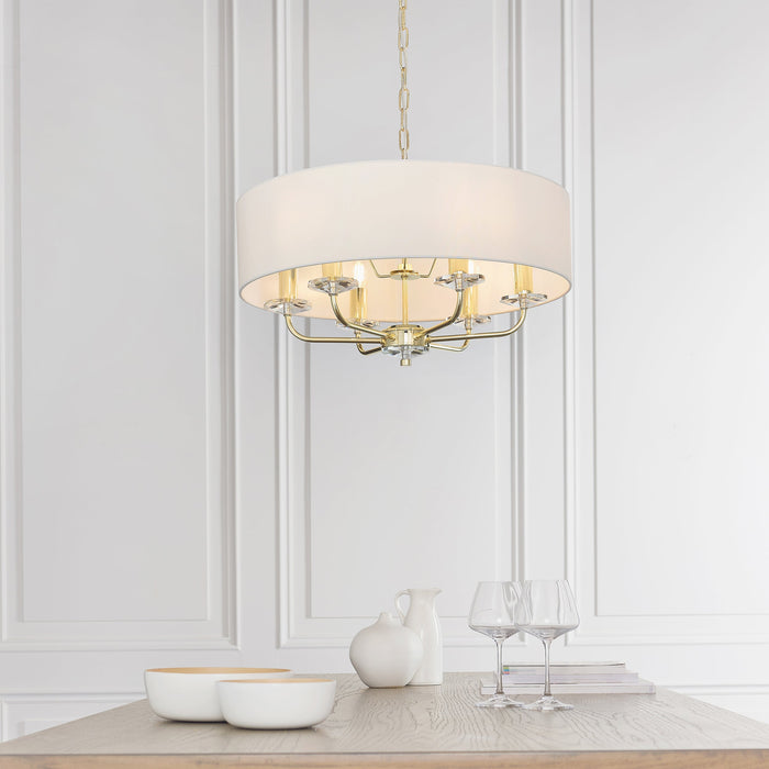 Endon 70561 Nixon 6lt Pendant Brass plate & vintage white fabric 6 x 40W E14 candle (Required) - westbasedirect.com