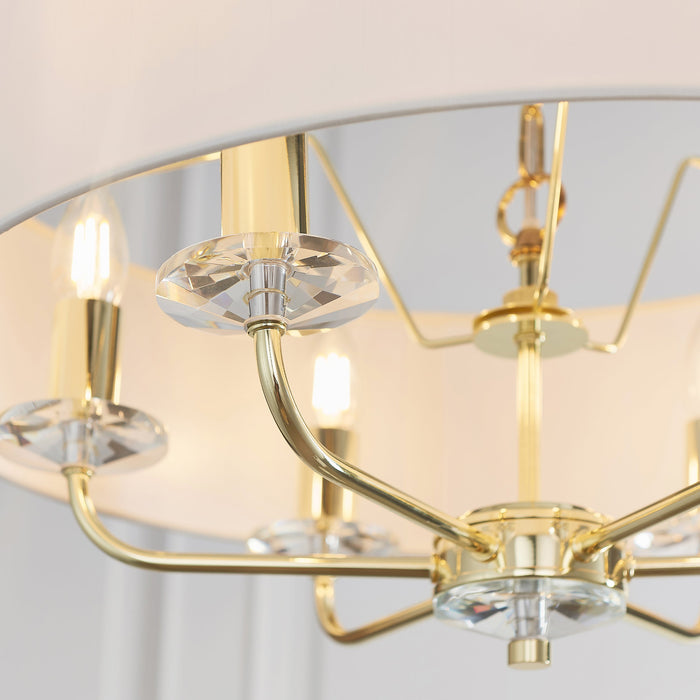 Endon 70561 Nixon 6lt Pendant Brass plate & vintage white fabric 6 x 40W E14 candle (Required) - westbasedirect.com