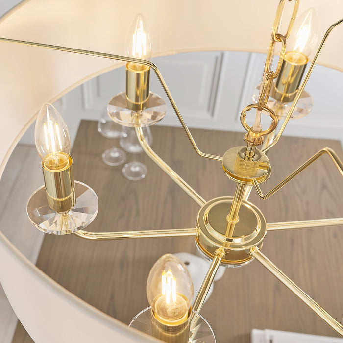 Endon 70561 Nixon 6lt Pendant Brass plate & vintage white fabric 6 x 40W E14 candle (Required) - westbasedirect.com