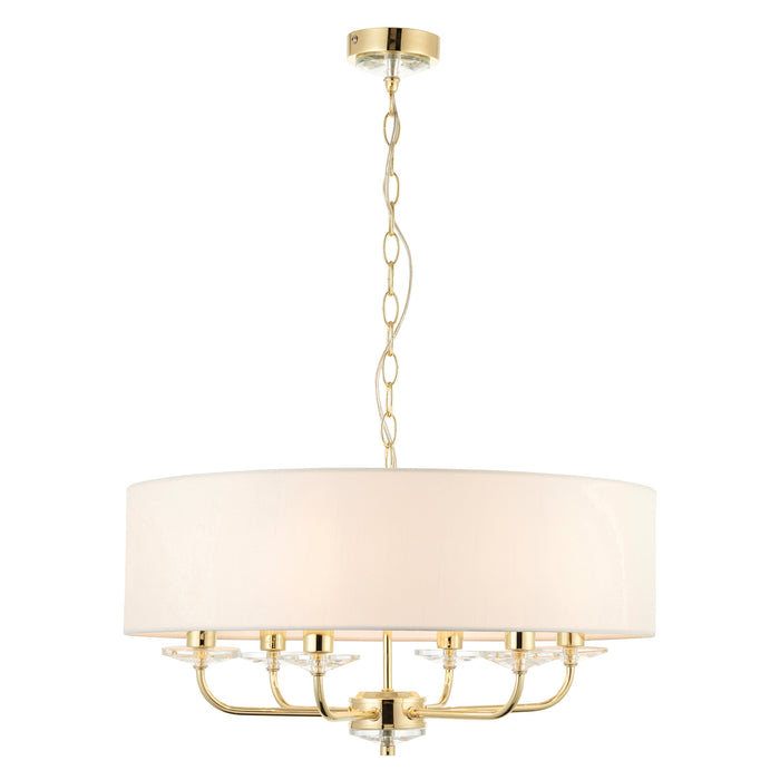 Endon 70561 Nixon 6lt Pendant Brass plate & vintage white fabric 6 x 40W E14 candle (Required) - westbasedirect.com