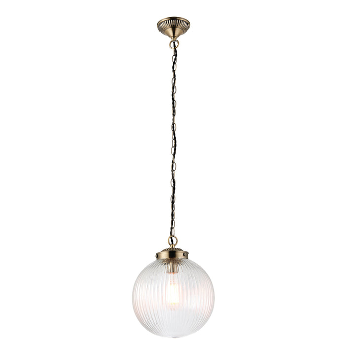 Endon 71123 Brydon 1lt Pendant Antique brass plate & clear ribbed glass 10W LED E27 (Required) - westbasedirect.com