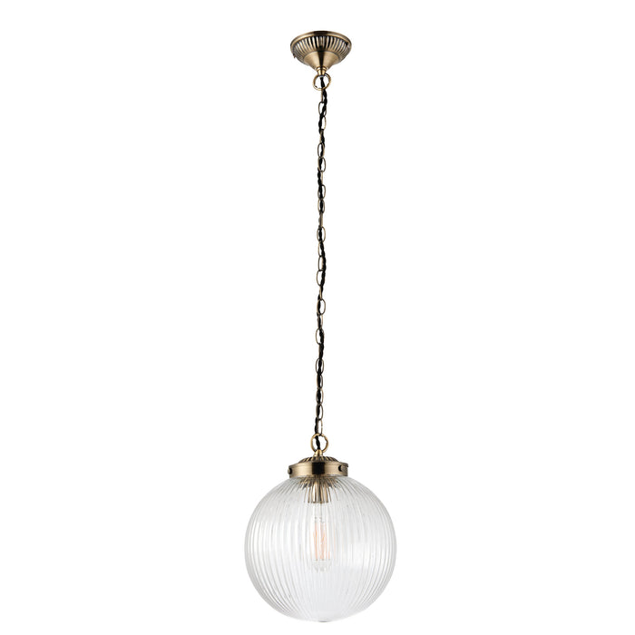 Endon 71123 Brydon 1lt Pendant Antique brass plate & clear ribbed glass 10W LED E27 (Required) - westbasedirect.com