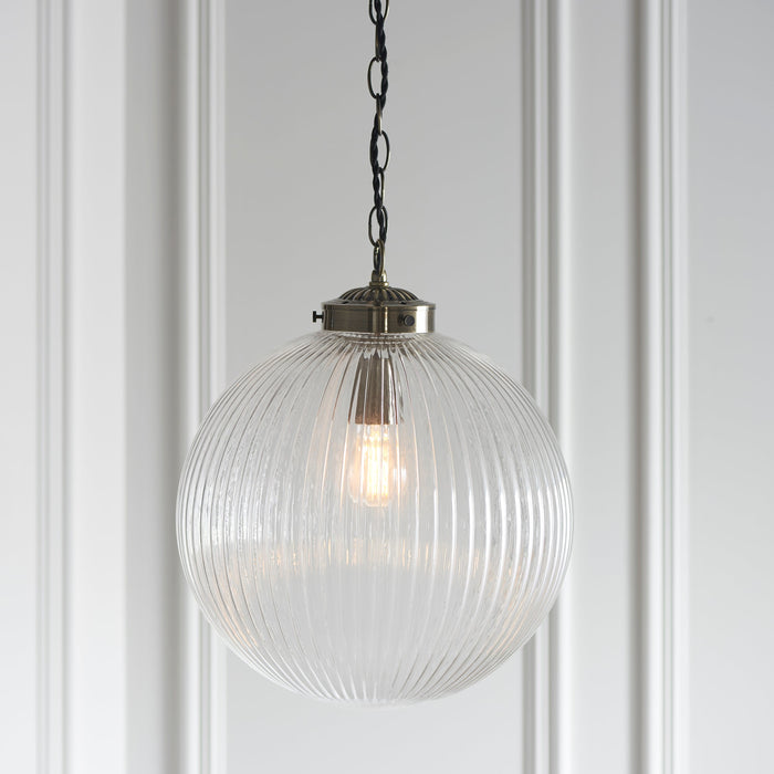 Endon 71124 Brydon 1lt Pendant Antique brass plate & clear ribbed glass 10W LED E27 (Required) - westbasedirect.com