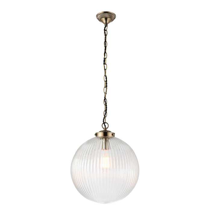 Endon 71124 Brydon 1lt Pendant Antique brass plate & clear ribbed glass 10W LED E27 (Required) - westbasedirect.com