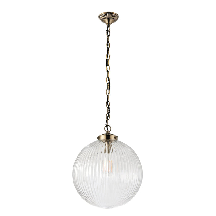 Endon 71124 Brydon 1lt Pendant Antique brass plate & clear ribbed glass 10W LED E27 (Required) - westbasedirect.com