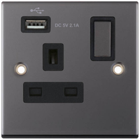 Selectric DSL460 5M 1 Gang 13A Switched Socket Outlet with 1x USB Type-A (2.1A) - Black Nickel, Black Insert