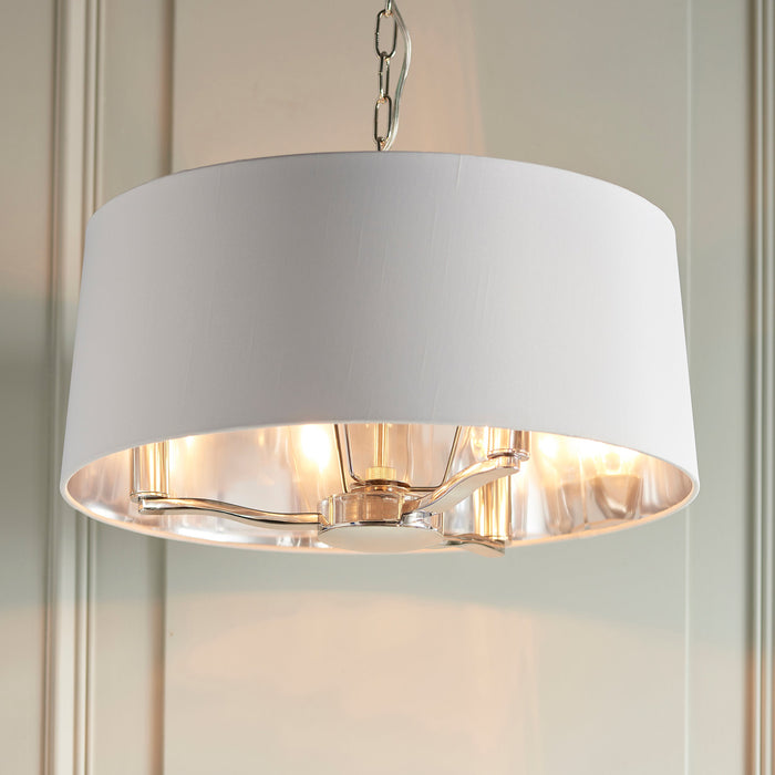 Endon 73021 Harvey 3lt Pendant Bright nickel plate & vintage white fabric 3 x 40W E14 candle (Required) - westbasedirect.com