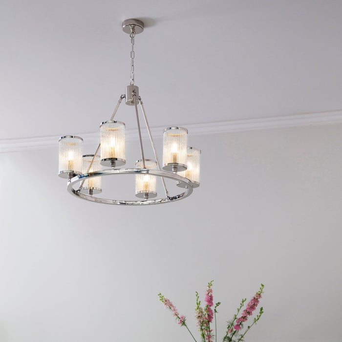 Endon 74128 Easton 6lt Pendant Bright nickel plate & ribbed bubble glass 6 x 40W E14 candle (Required) - westbasedirect.com