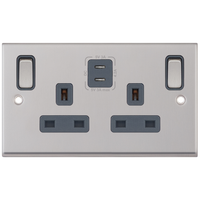 Selectric 7MPRO-768 7M-PRO 2 Gang 13A Switched Socket Outlet with 2x USB Type-C (3A) - Satin Chrome, Grey Insert