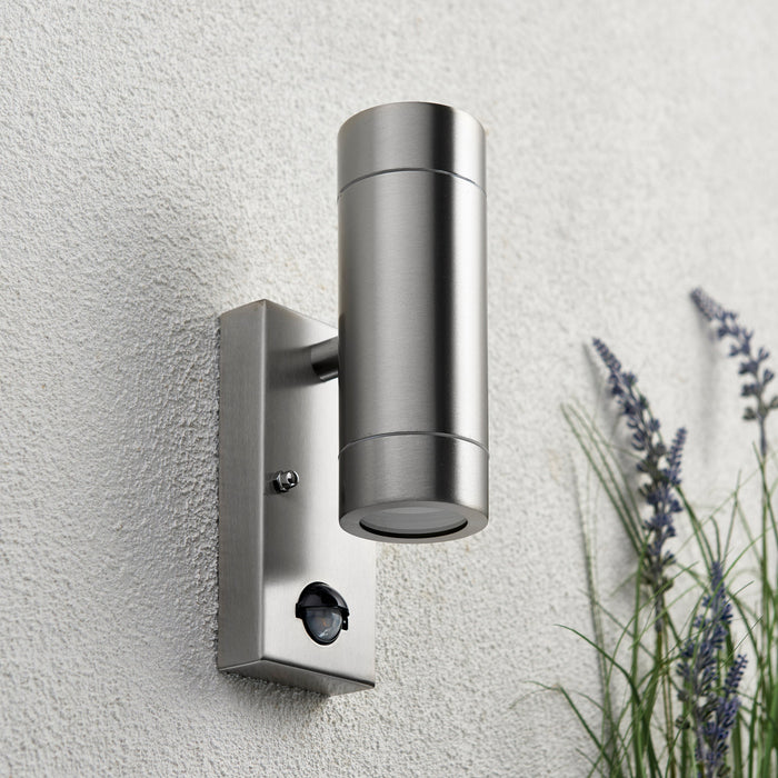 Saxby 75430 Palin PIR 2lt wall IP44 7W Brushed stainless steel & clear glass 2 x 7W LED GU10 (Required) - westbasedirect.com