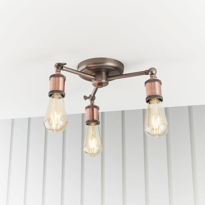 Endon 76124 Hal 3lt Semi flush Aged pewter & aged copper plate 3 x 40W E27 GLS (Required) - westbasedirect.com