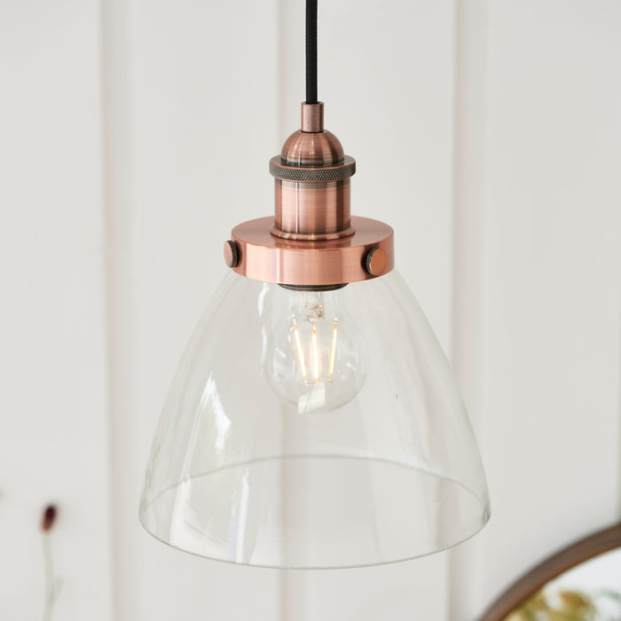 Endon 76332 Hansen 1lt Pendant Aged copper plate & clear glass 40W E27 GLS (Required) - westbasedirect.com