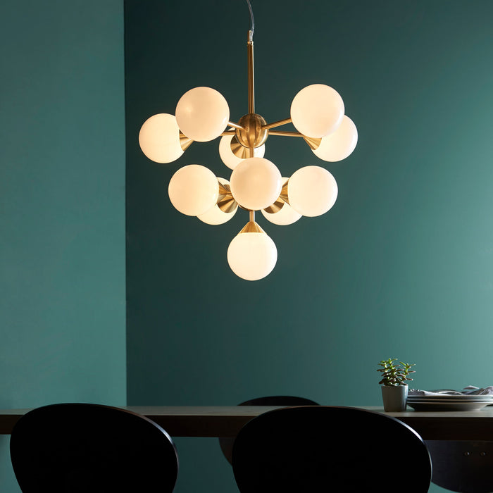 Endon 76500 Oscar 11lt Pendant Satin brass plate & gloss white glass 11 x 18W G9 clear capsule (Required) - westbasedirect.com