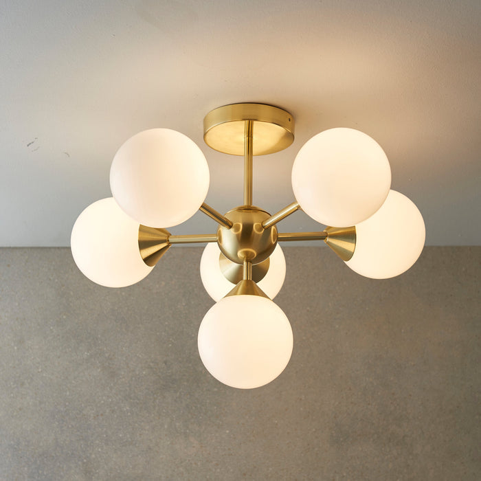 Endon 76501 Oscar 6lt Semi flush Satin brass plate & gloss white glass 6 x 18W G9 clear capsule (Required) - westbasedirect.com