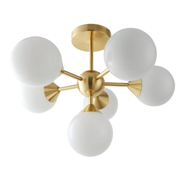 Endon 76501 Oscar 6lt Semi flush Satin brass plate & gloss white glass 6 x 18W G9 clear capsule (Required) - westbasedirect.com