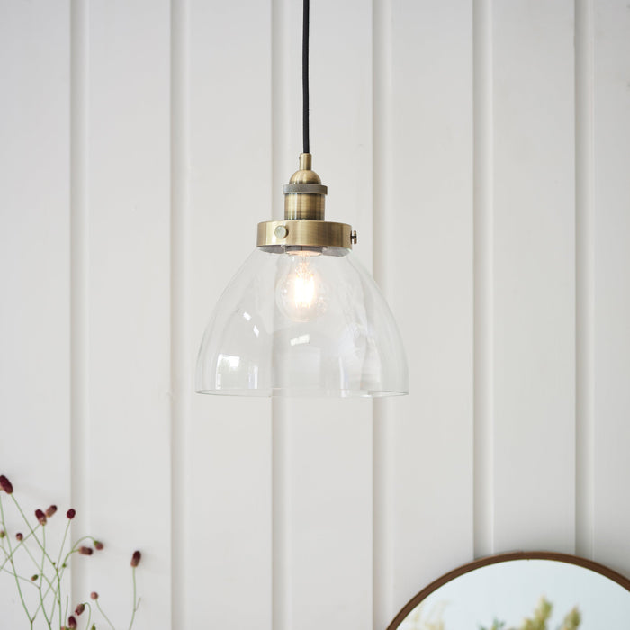 Endon 77272 Hansen 1lt Pendant Antique brass plate & clear glass 40W E27 GLS (Required) - westbasedirect.com