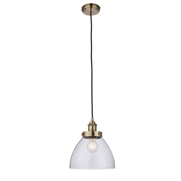 Endon 77272 Hansen 1lt Pendant Antique brass plate & clear glass 40W E27 GLS (Required) - westbasedirect.com