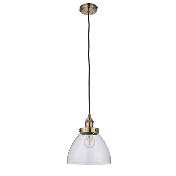 Endon 77272 Hansen 1lt Pendant Antique brass plate & clear glass 40W E27 GLS (Required) - westbasedirect.com